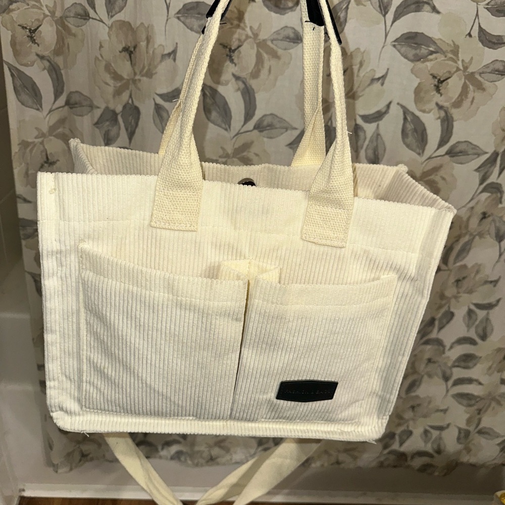 SHEIN Cream Corduroy Tote Bag with Front Pockets